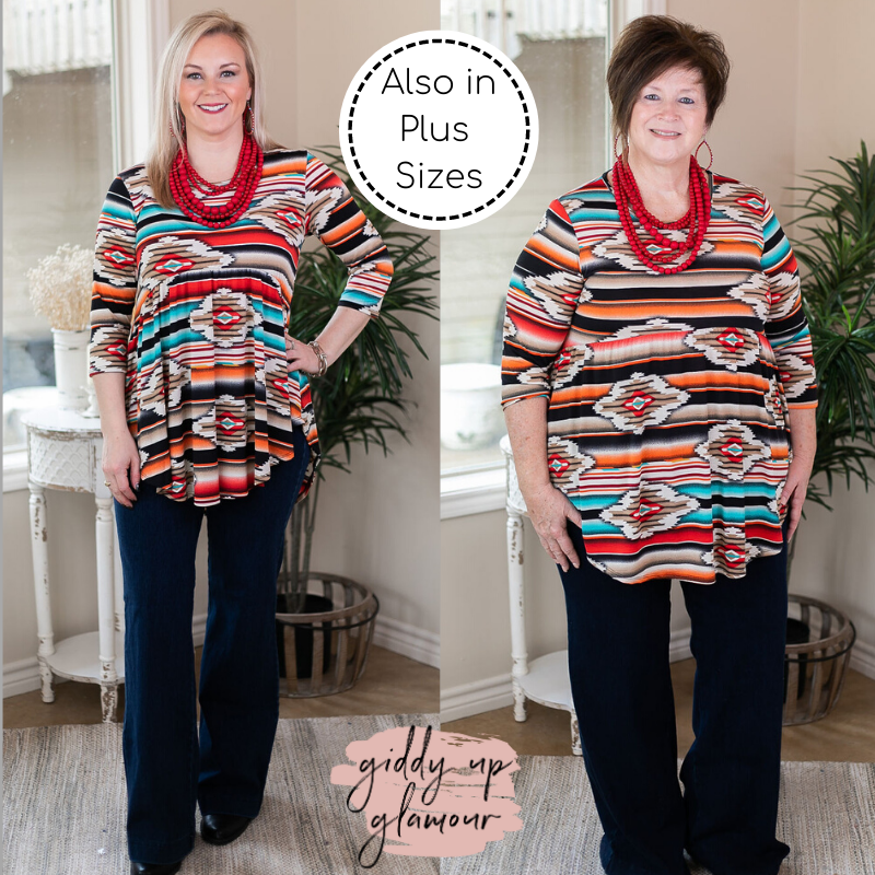 As You Wish Aztec Print Baby Doll Top in Red and Turquoise black peplem top with 3/4 sleeves comfy bright casual