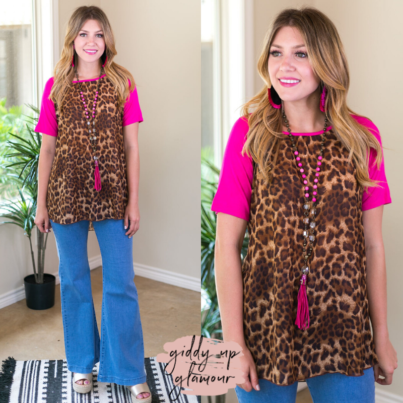 Last Chance Size Small | Who Is She Sheer Leopard Top with Fuchsia Sleeves - Giddy Up Glamour Boutique