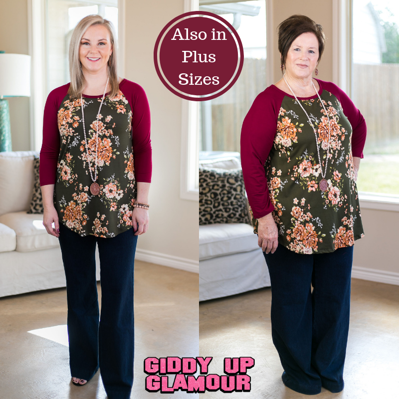 Last Chance Size Small | With Everything To Do Floral Raglan Top with 3/4 Sleeves in Olive Green - Giddy Up Glamour Boutique