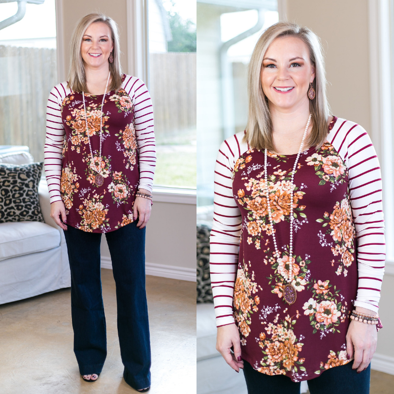 Last Chance Size S & M | Simple Favor Stripe and Floral Tunic Top in Maroon - Giddy Up Glamour Boutique