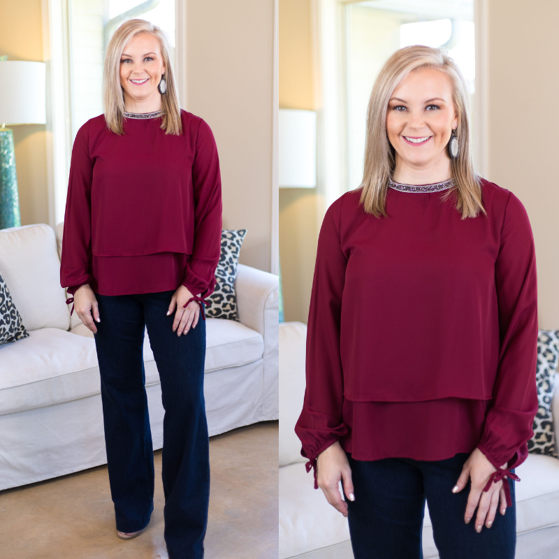 Last Chance Size Small | Glimmer in the Night Blouse with Beaded Neckline in Maroon - Giddy Up Glamour Boutique