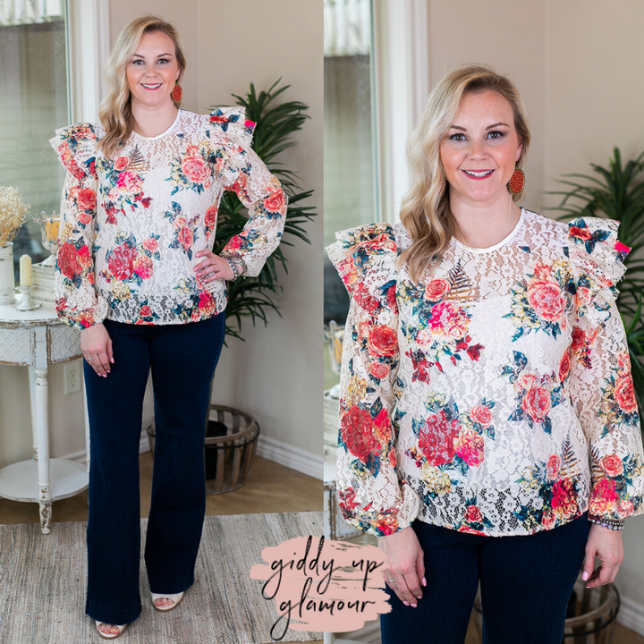 Must Be Magic Floral Lace Ruffle Top in Ivory 