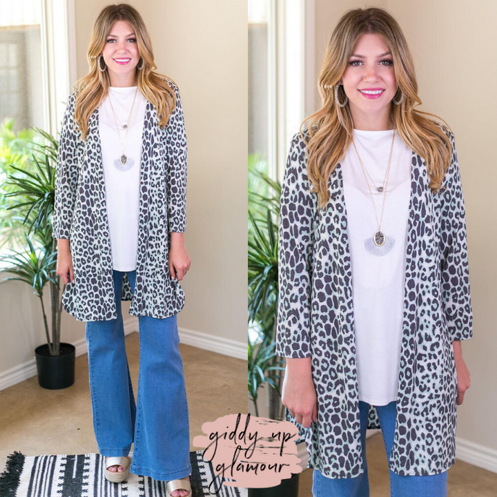 All Eyes On You Leopard Cardigan in Mint and Grey kimono cheetah long sleeve 