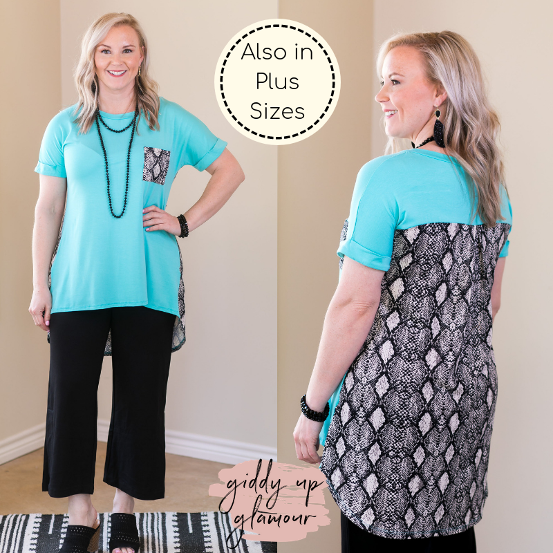 Last Chance Size Small | What A Charmer Pocket High Low Short Sleeve Top with Snakeskin Detail in Turquoise - Giddy Up Glamour Boutique