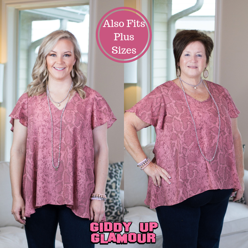 Last Chance Size XS | Sweet Surrender Snakeskin Flutter Sleeve Top in Blush Pink - Giddy Up Glamour Boutique