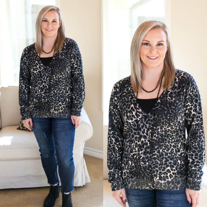 Last Chance Size Small & Med. | In Your Scope Leopard Cardigan in Black - Giddy Up Glamour Boutique