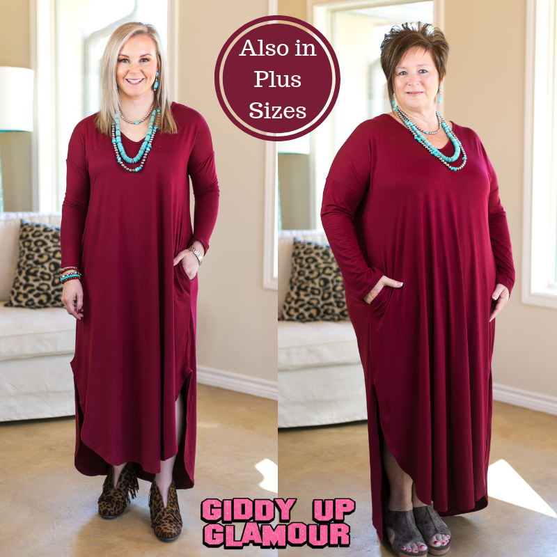 Last Chance Size Small & XL | Simple Love Long Sleeve Tee Shirt Maxi Dress in Maroon - Giddy Up Glamour Boutique