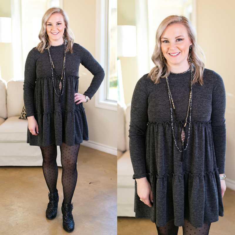 Last Chance Size Small | It's Your Time Long Sleeve Tiered Baby Doll Tunic in Charcoal Grey - Giddy Up Glamour Boutique