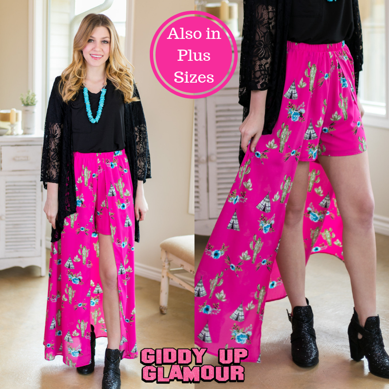 One in a Million Tee Pee and Cactus Maxi Skort in Hot Pink - Giddy Up Glamour Boutique