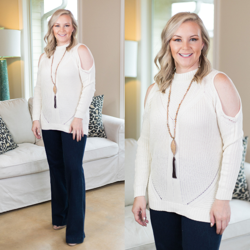 Last Chance Size Medium | Favorite Time Cold Shoulder Cable Knit Sweater in Ivory - Giddy Up Glamour Boutique