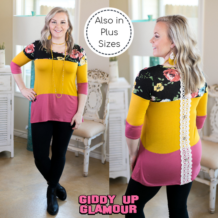 Last Chance Size S & M | Laugh Louder Floral Color Block Top with Buttons in Black - Giddy Up Glamour Boutique