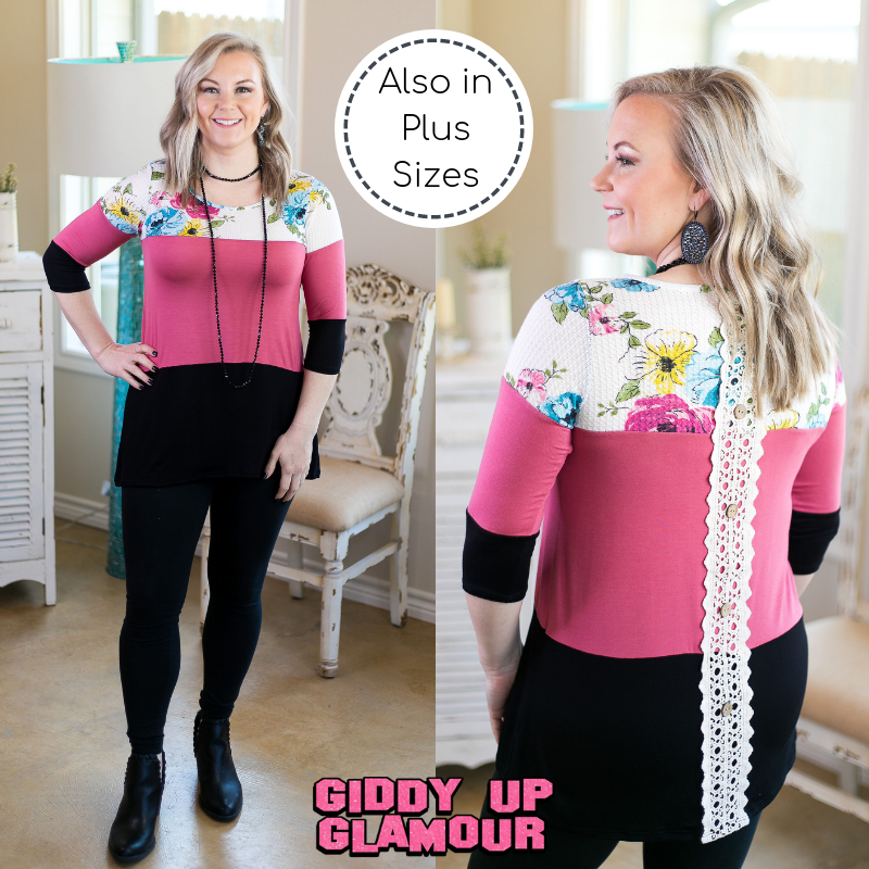 Last Chance Size Small | Laugh Louder Floral Color Block Top with Buttons in Ivory - Giddy Up Glamour Boutique