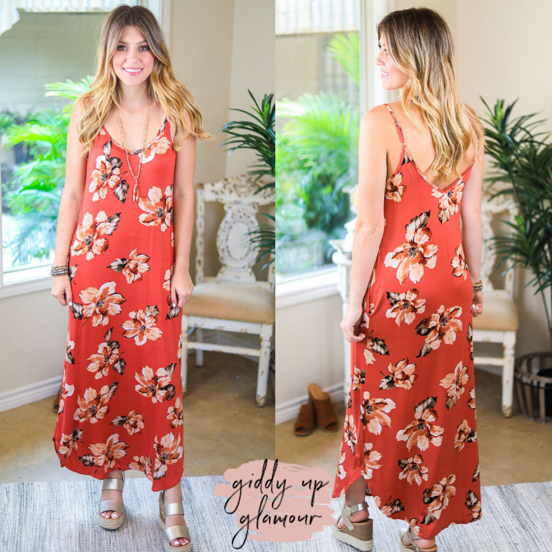 Fresh Approach Hibiscus Floral Maxi Dress in Rust spaghetti strap rust red floral 