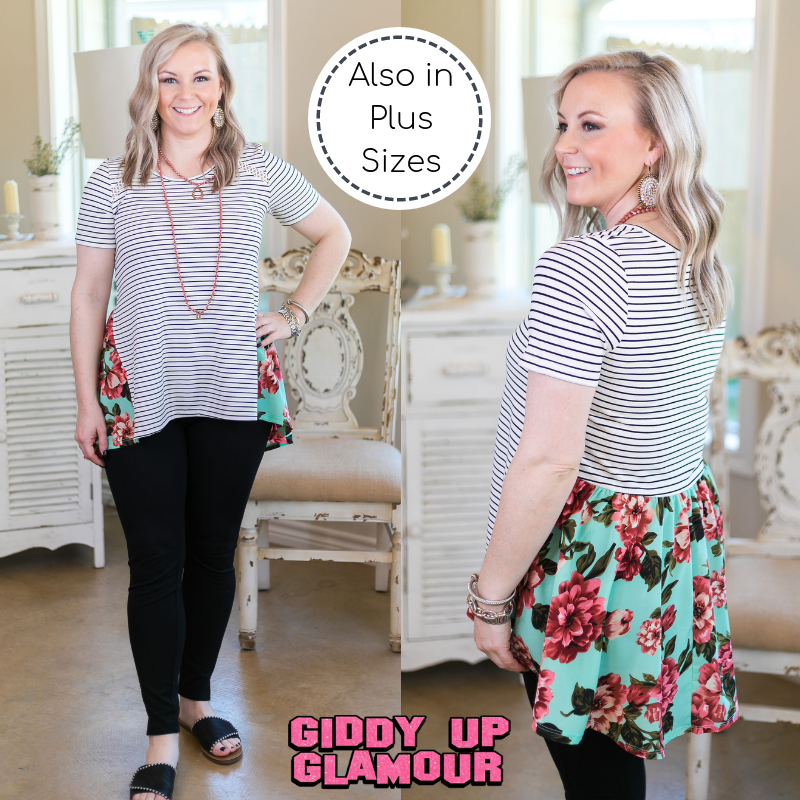 Last Chance Size Small | Days Gone By Stripe Short Sleeve Top with Floral Backside in Mint - Giddy Up Glamour Boutique
