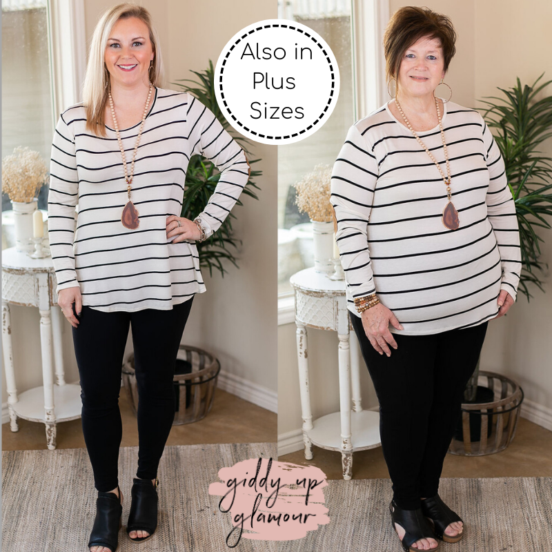 A New Day Long Sleeve Striped Top with Suede Elbow Patches in Black and White