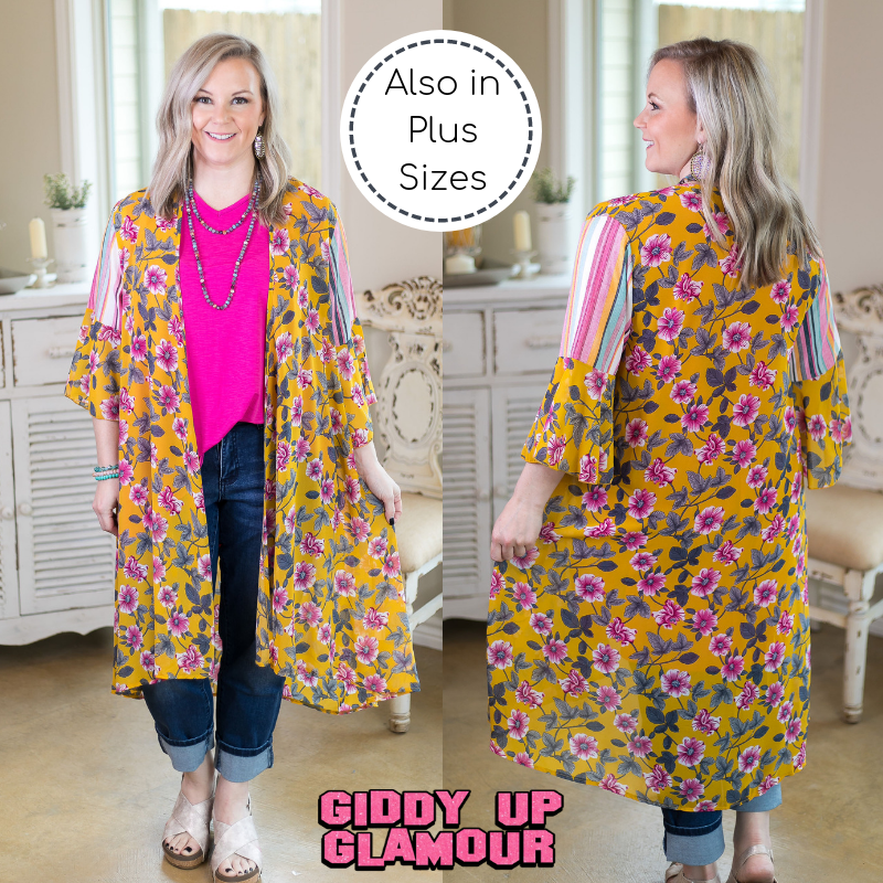 Last Chance Size S/M | Sweet Sensation Floral Print Kimono in Mustard Yellow - Giddy Up Glamour Boutique