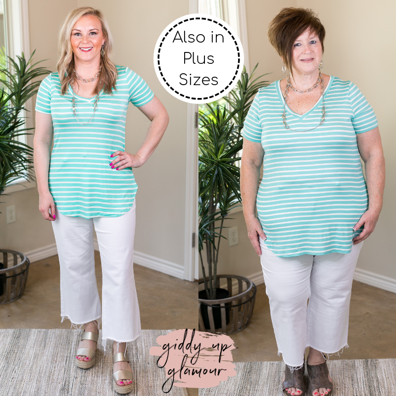 Simply The Best Striped V Neck Short Sleeve Tee Shirt in Mint - Giddy Up Glamour Boutique