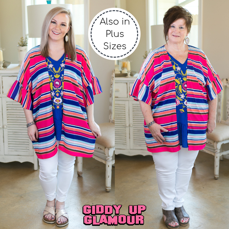 Over the line Women's trendy plus size boutique clothing affordable stripe striped print kimono duster sheer cover up with ruffle sleeves navy blue pink coral rainbow multi color umgee