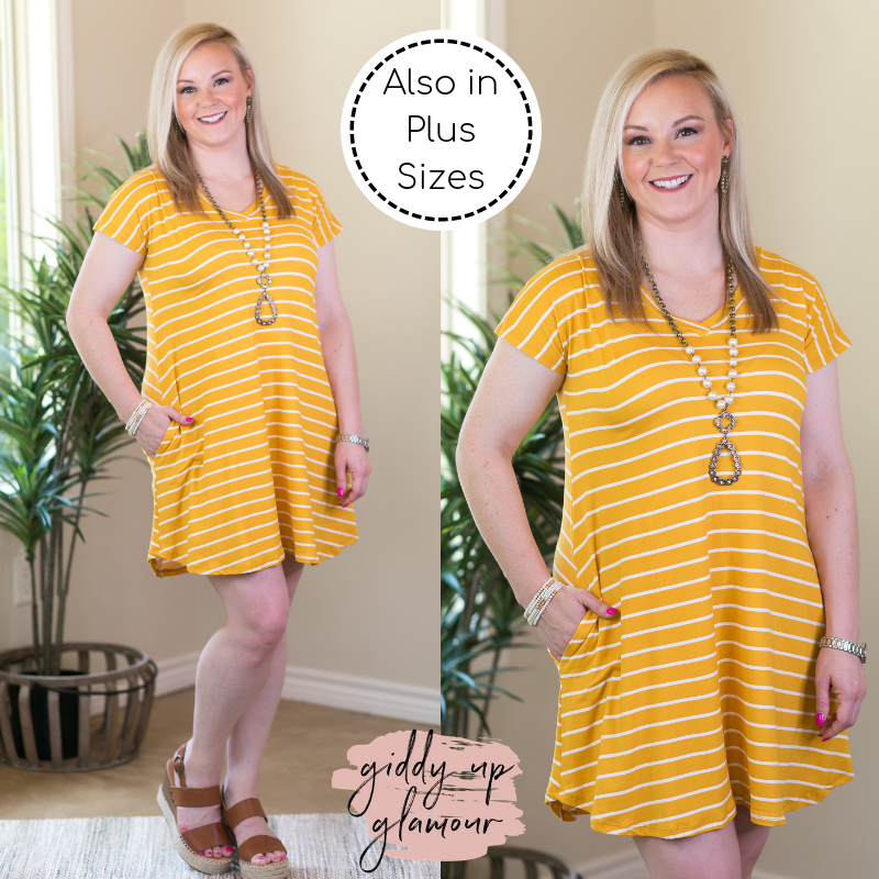 Last Chance Size Small | Beyond Reason Stripe Tee Shirt Dress in Mustard Yellow - Giddy Up Glamour Boutique