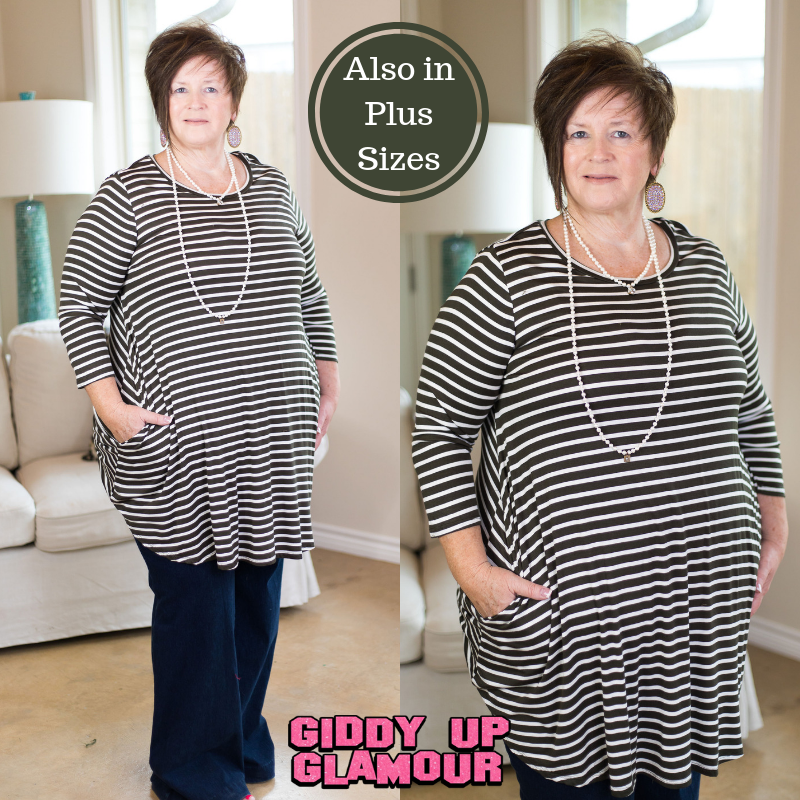 Earn Your Stripes 3/4 Sleeve Stripe Dress in Olive Green - Giddy Up Glamour Boutique
