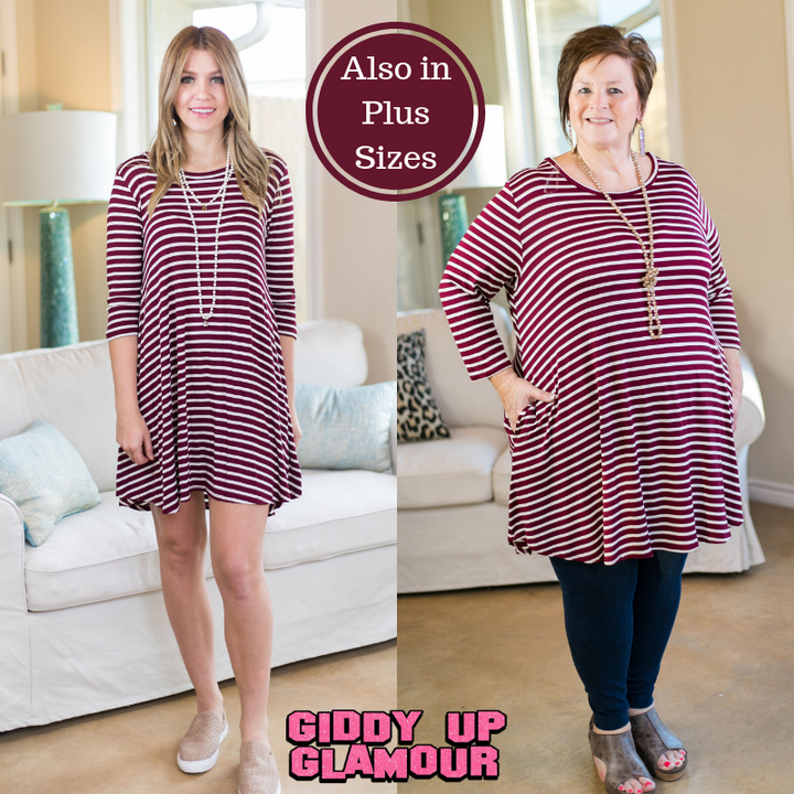 Last Chance Size Small | Earn Your Stripes 3/4 Sleeve Stripe Dress in Maroon - Giddy Up Glamour Boutique