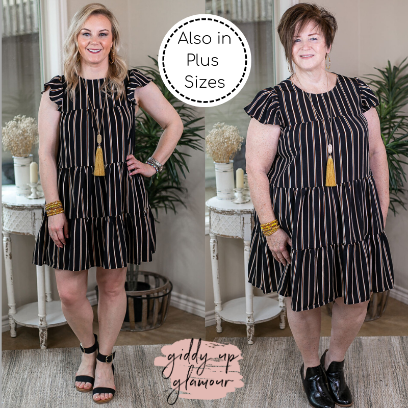 Everyday Girl Ruffle Tiered Dress in Black mustard and white stripes mini dress