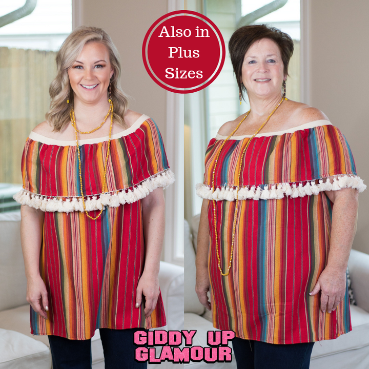 Last Chance Size Small & Med. | You Get What You Get Off Shoulder Tunic with Tassels in Red Serape - Giddy Up Glamour Boutique