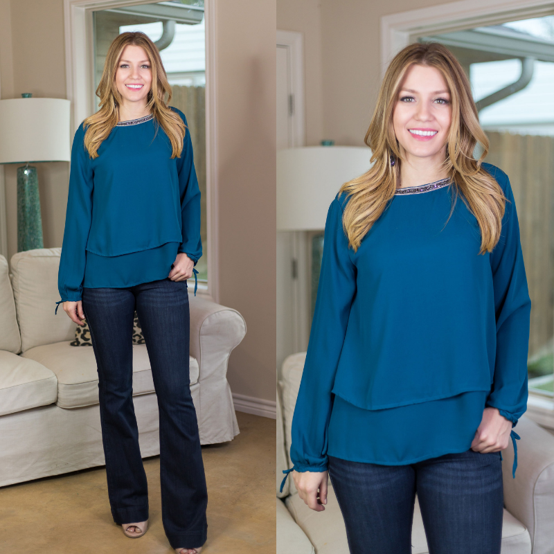 Last Chance Size Small & Med. | Glimmer in the Night Blouse with Beaded Neckline in Teal Blue - Giddy Up Glamour Boutique