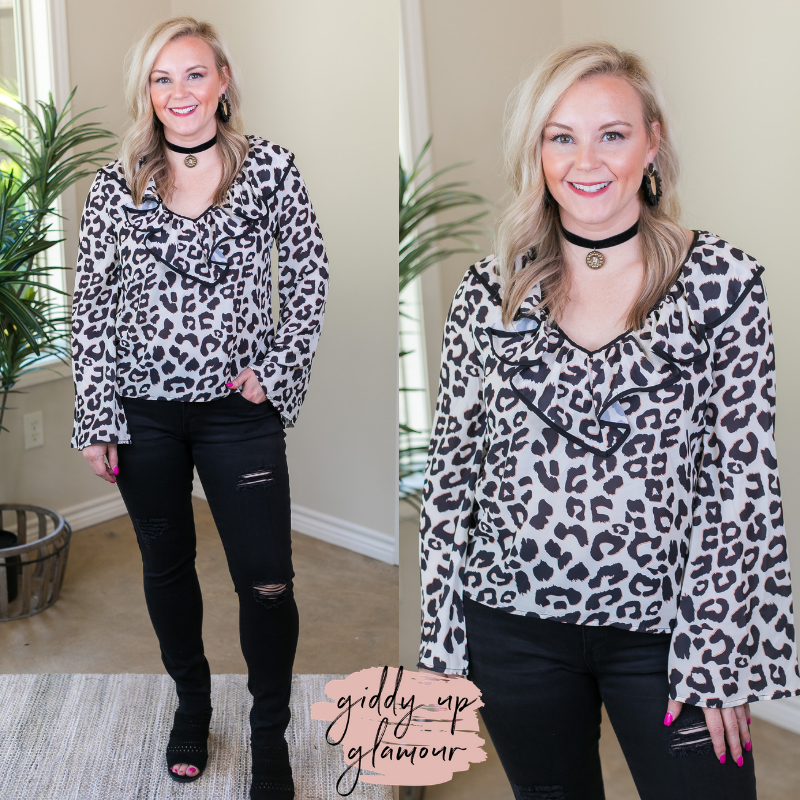 Last Chance Size Small & Med. | Light Me Up Leopard Top with Ruffle Collar in Ivory - Giddy Up Glamour Boutique