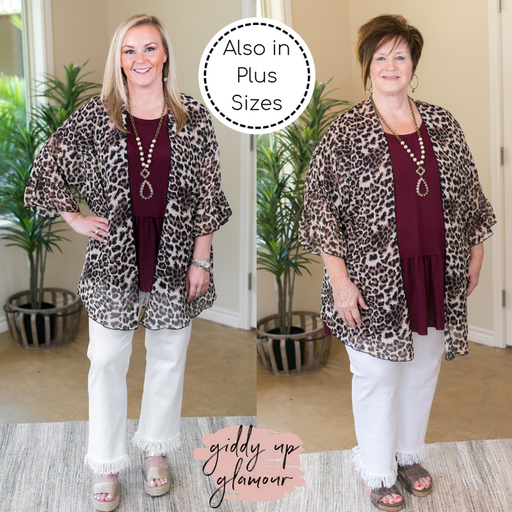Tell Me About It Sheer Kimono with Ruffle Sleeves in Leopard - Giddy Up Glamour Boutique