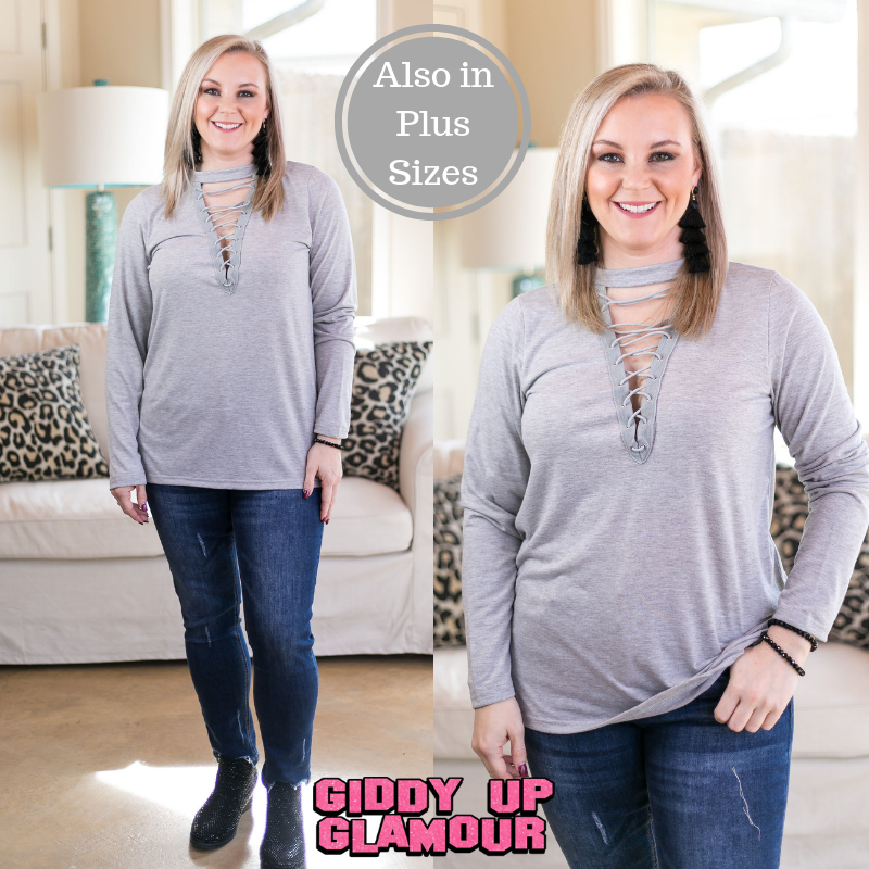 Last Chance Size S, XL, & 1XL | Good Girl Gone Rad Long Sleeve Lace Up Top in Heather Grey - Giddy Up Glamour Boutique