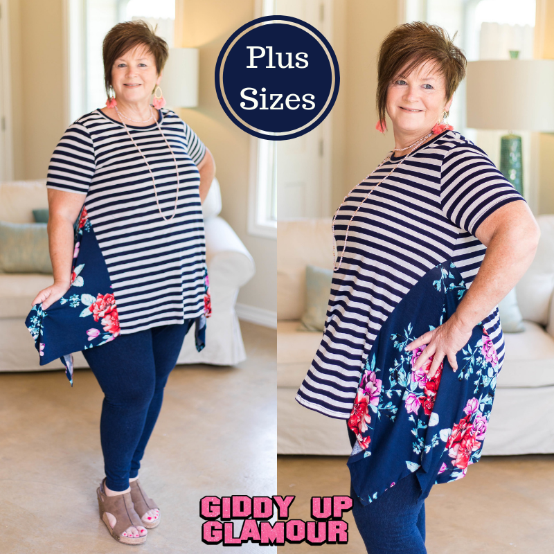 Last Chance Size 1XL & 2XL | Right This Time Striped Trapeze Top with Floral Sides in Navy Blue - Giddy Up Glamour Boutique