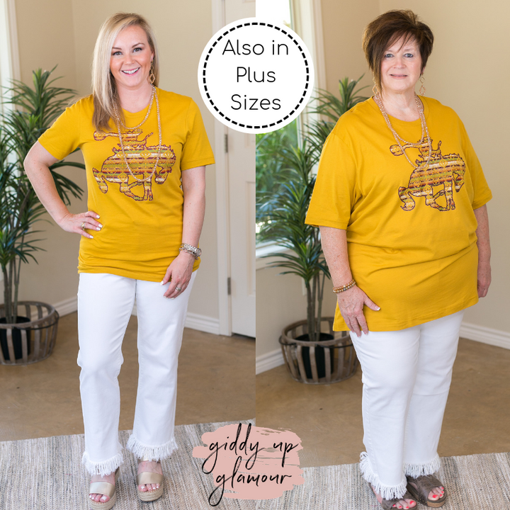 Ain't My First Rodeo Aztec Print Saddle Bronc Short Sleeve Tee Shirt in Mustard Yellow - Giddy Up Glamour Boutique