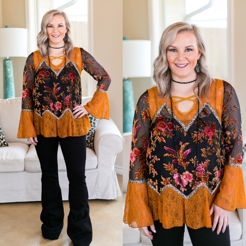 Last Chance Size Small & Med. | She's Fancy Floral Velvet and Lace Top in Rust Orange - Giddy Up Glamour Boutique