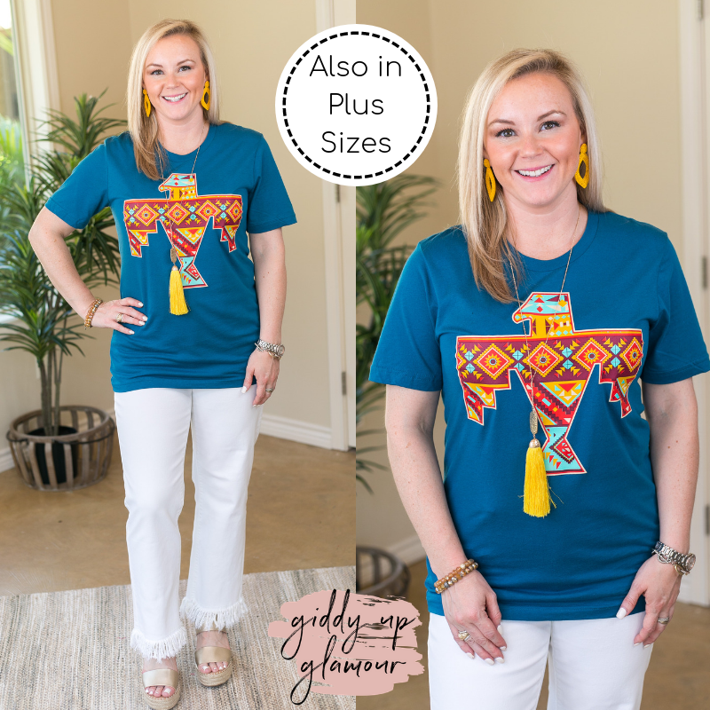 Keep Her Wild Aztec Thunderbird Graphic Short Sleeve Tee Shirt in Teal Blue - Giddy Up Glamour Boutique