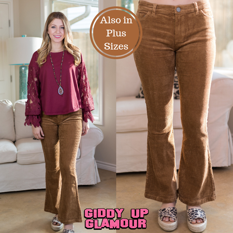 women's plus size boutique tan mustard corduroy flare leg pants jeans outfit groovy hippie vintage bell bottoms