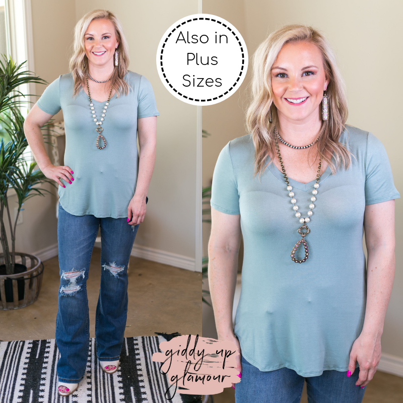 Simply The Best V Neck Short Sleeve Tee Shirt in Sage Green - Giddy Up Glamour Boutique