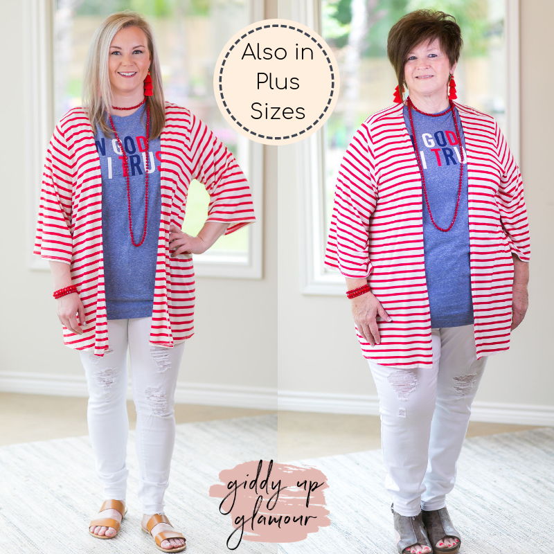 Living For It Stripe Cardigan with 3/4 Sleeves in Red - Giddy Up Glamour Boutique