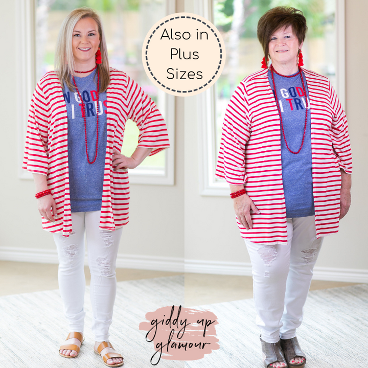 Living For It Stripe Cardigan with 3/4 Sleeves in Red - Giddy Up Glamour Boutique