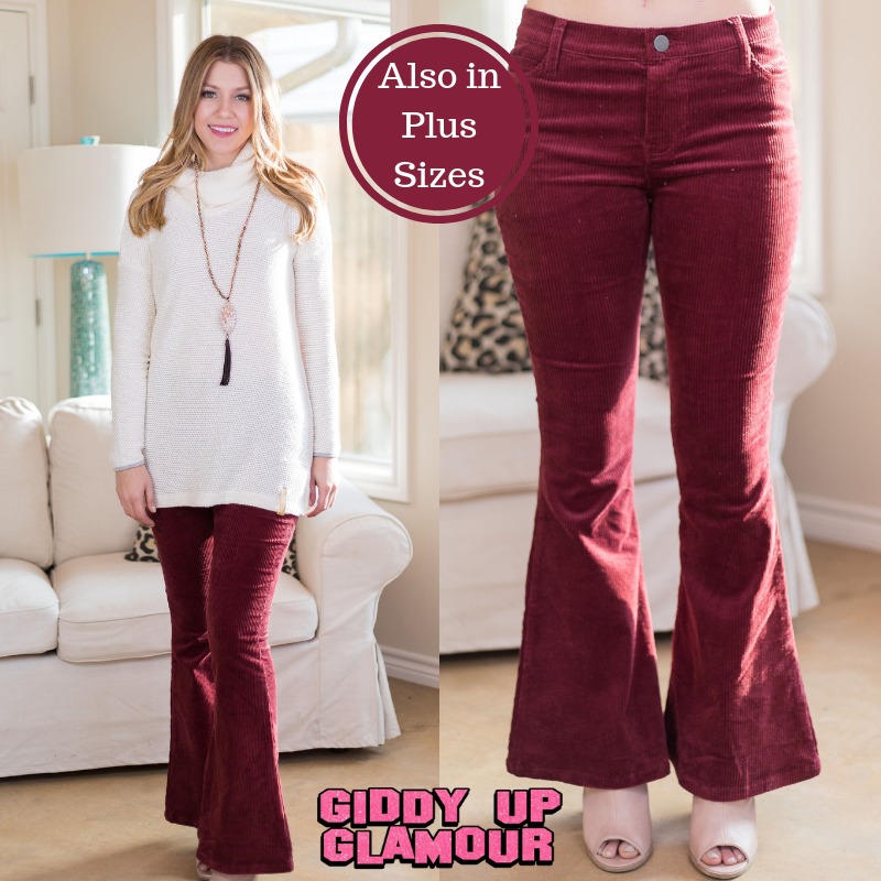 women's plus size boutique maroon burgundy corduroy flare leg pants jeans outfit groovy hippie vintage bell bottoms