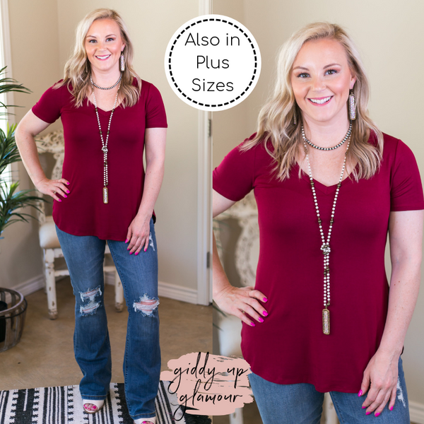 A.Gain solid simply the best Missy Curvy Plus Sizes Full Figured Fashion Plus Size boutique clothing shirt top blouse affordable short sleeve V neck vneck basic solid tee shirt tshirt maroon crimson 
