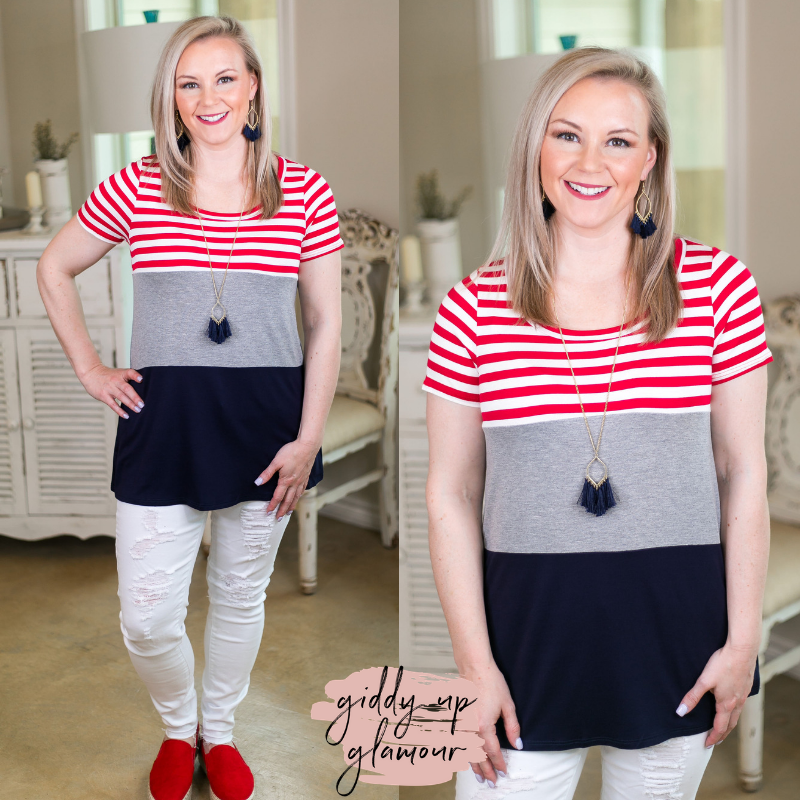 Reach For The Stars Patriotic Color Block Short Sleeve Top USA 4th of July fashion red white blue