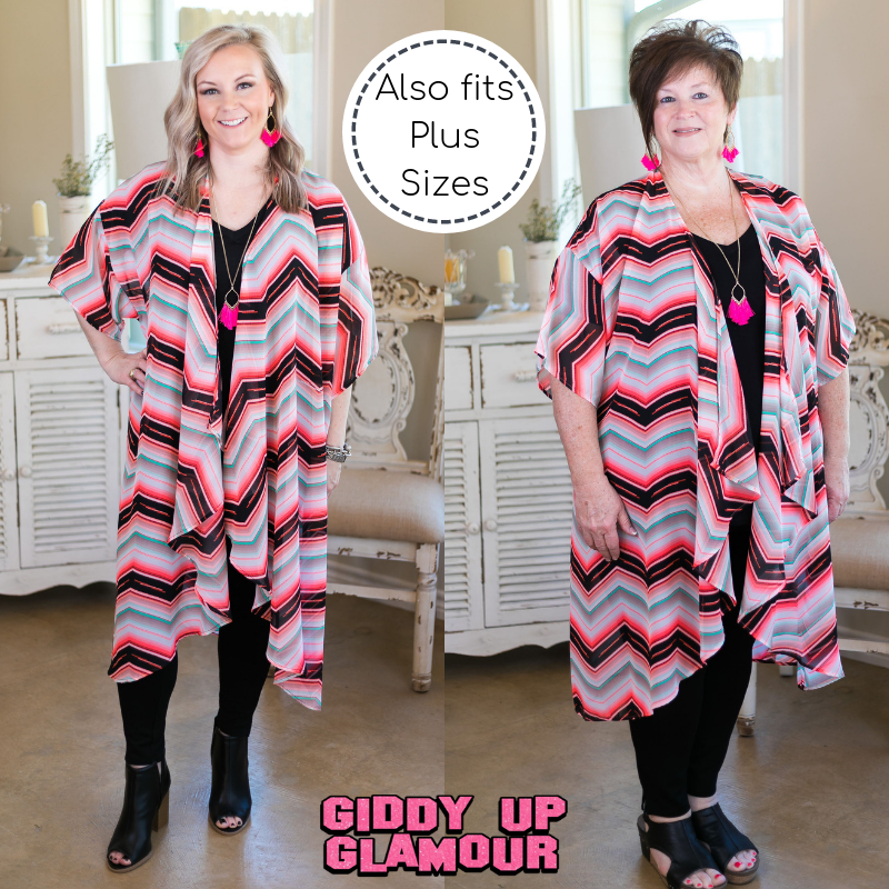 Last Chance Size S/M | Play By Play Sheer Chevron Duster Kimono in Neon Pink - Giddy Up Glamour Boutique