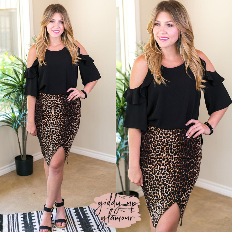 Bold Attitude Wrap Around Bandage Pencil Skirt in Leopard knee length stretchy tight side slit black and tan leopard cheetah