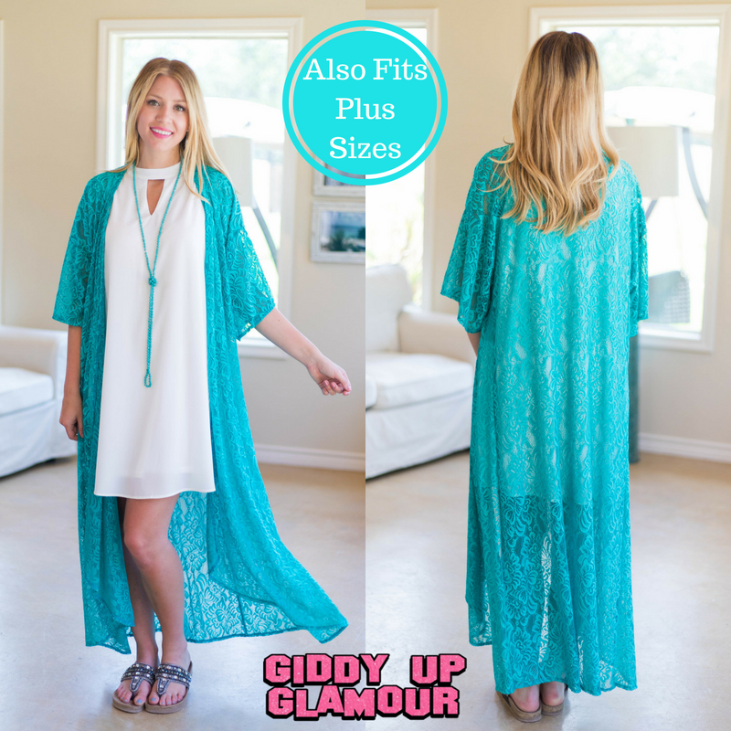 Lace Turquoise Kimonos | Kimono Sheer Lace Turquoise Plus Size Dusters