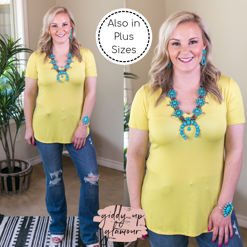 Simply The Best V Neck Short Sleeve Tee Shirt in Yellow - Giddy Up Glamour Boutique