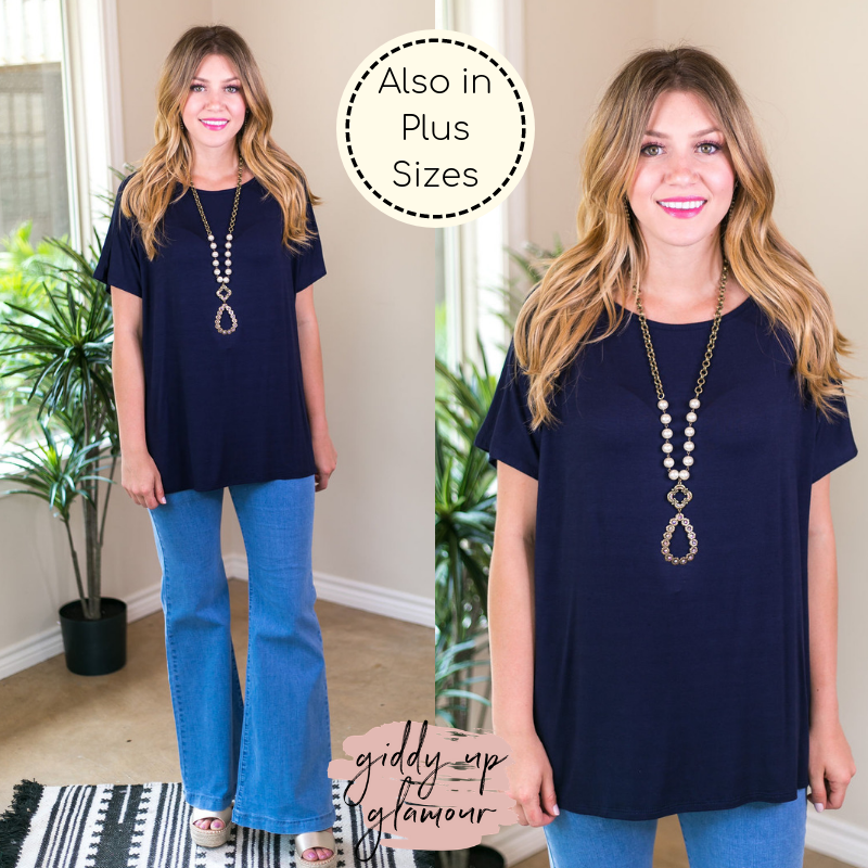 Last Chance Size Small | Everyday Basics Drop Sleeve Solid Piko Top in Navy Blue - Giddy Up Glamour Boutique