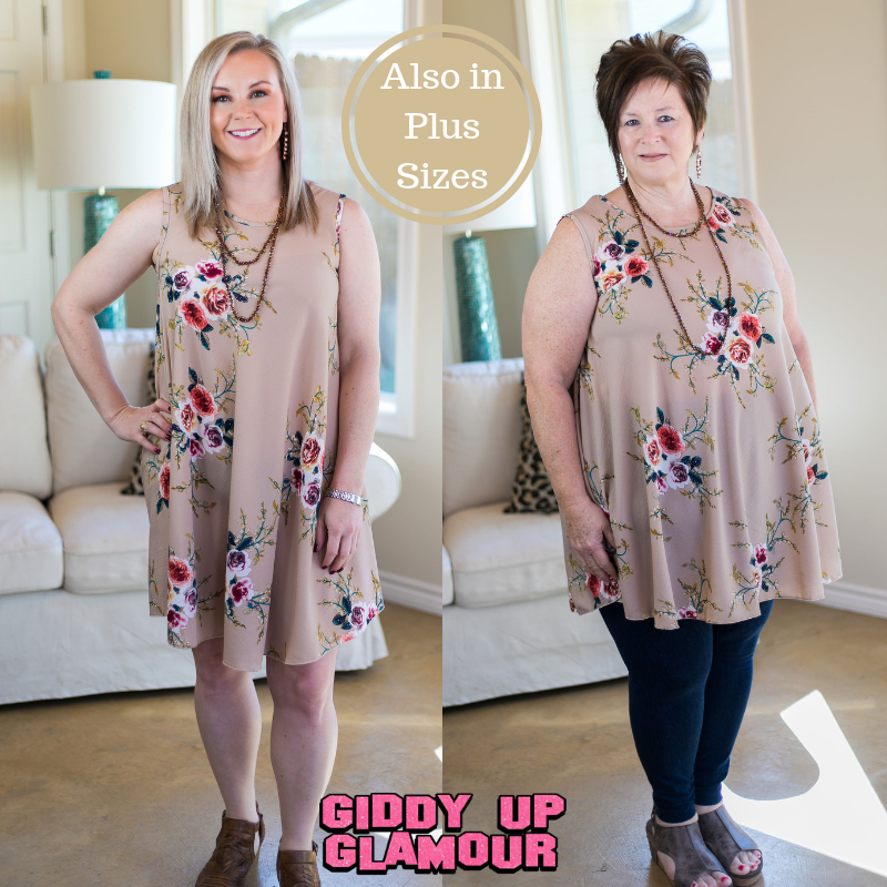 Last Chance Size S/M | What I'm About Floral A Line Dress in Tan - Giddy Up Glamour Boutique