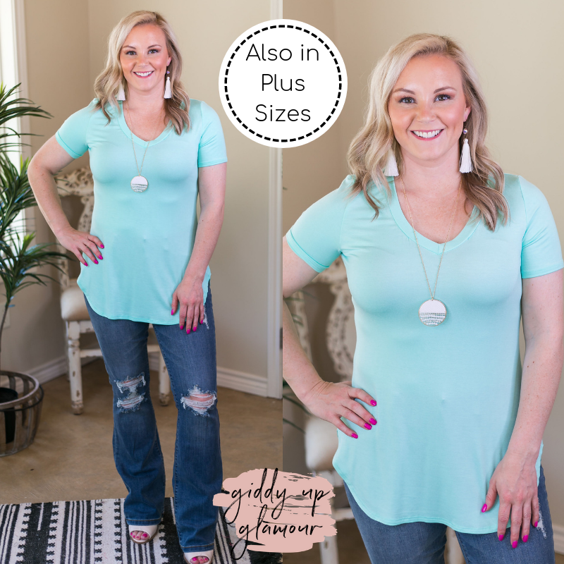 Last Chance Size M, 2XL, & 3XL | Simply The Best V Neck Short Sleeve Tee Shirt in Mint Blue - Giddy Up Glamour Boutique