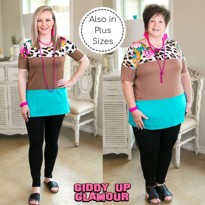 keep it moving Women's trendy missy plus size boutique clothing shirt top blouse affordable color block colorblock mocha black floral leopard cheetah print short sleeve
